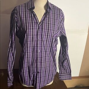 😄100% cotton adjusted design purple plaid dress shirt medium
